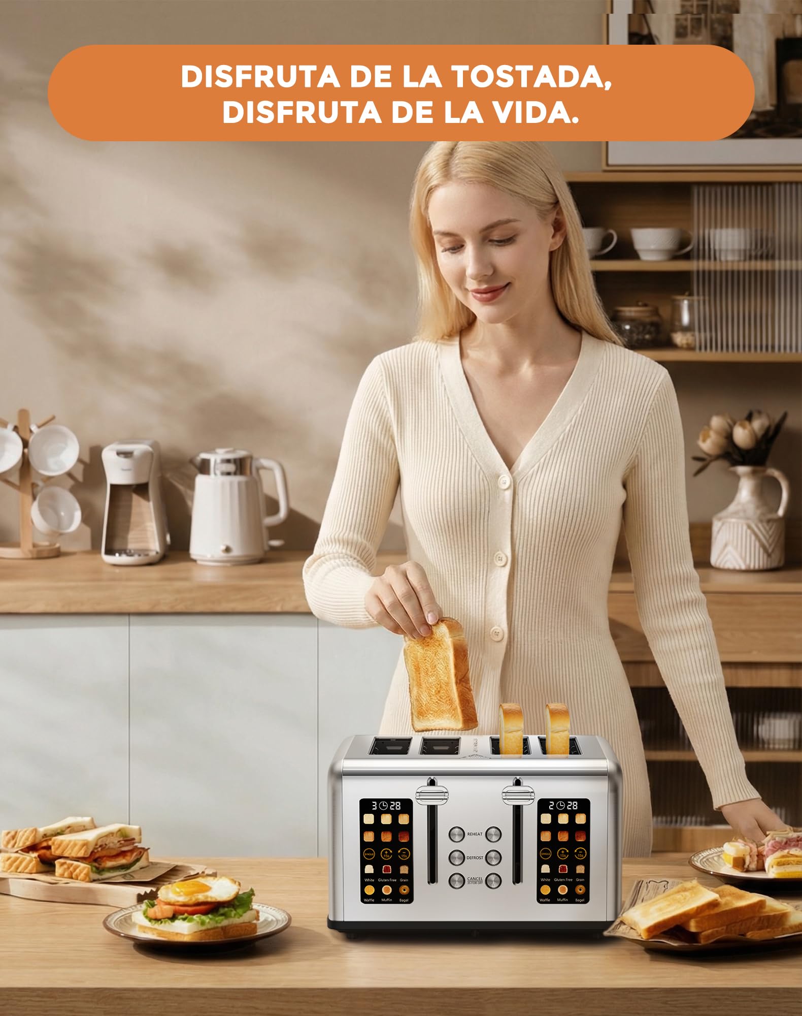 Tostadora Digital, Tostadora Pan Ranura Ancha, Pantalla Táctil, 6 Niveles de Tostado, 6 Programas de Pan, Función Descongelar y Recalentar, 4 Ranuras Anchas, Acero Inoxidable
