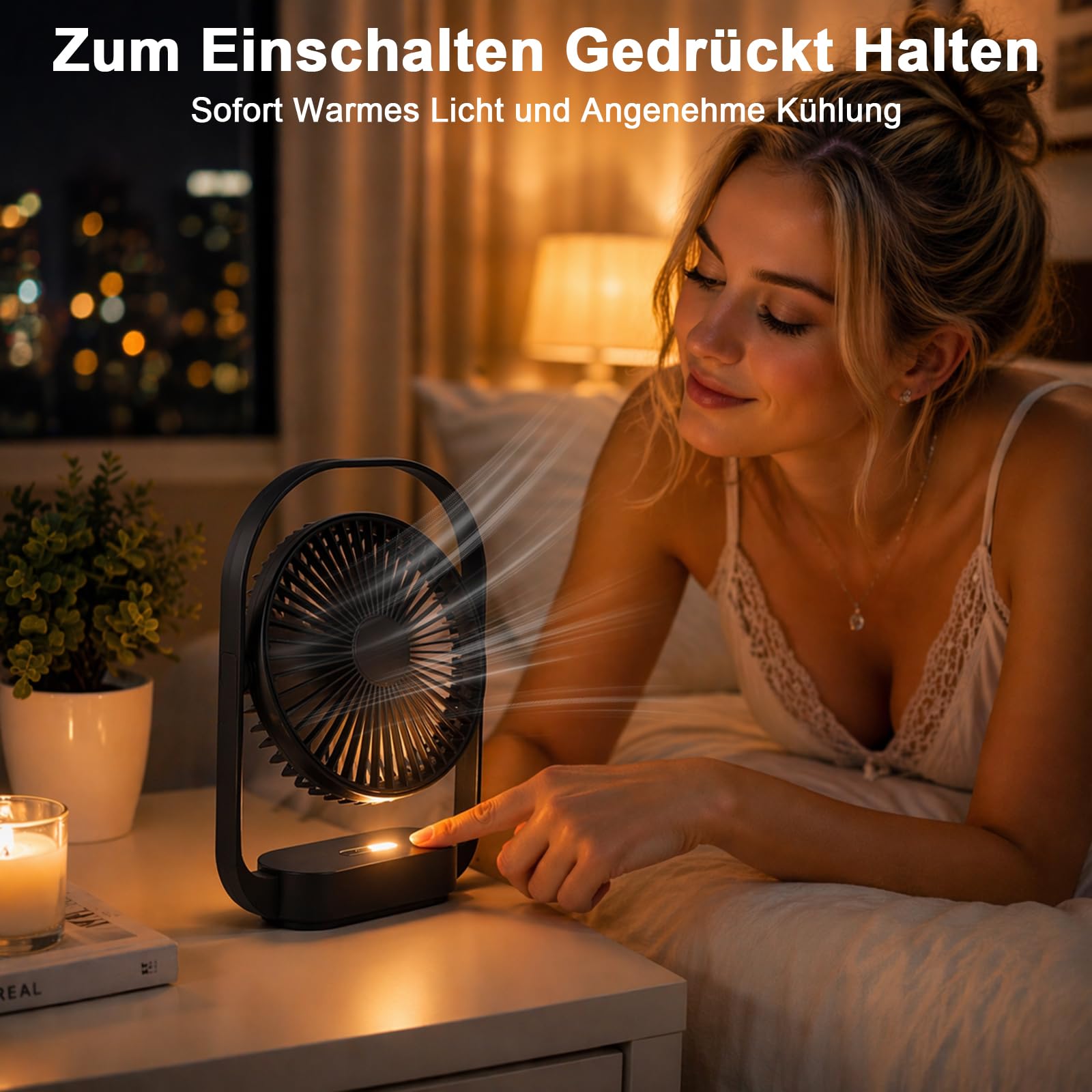 SURFOU Wentylator Stołowy 4000mAh, Bezprzewodowy, z 4 Prędkościami i 2 Trybami Lampki Nocnej, Ładowanie USB-C, Do 20 Godzin Pracy, do Sypialni, Stolika Nocnego, Biura i Podróży, Czarny