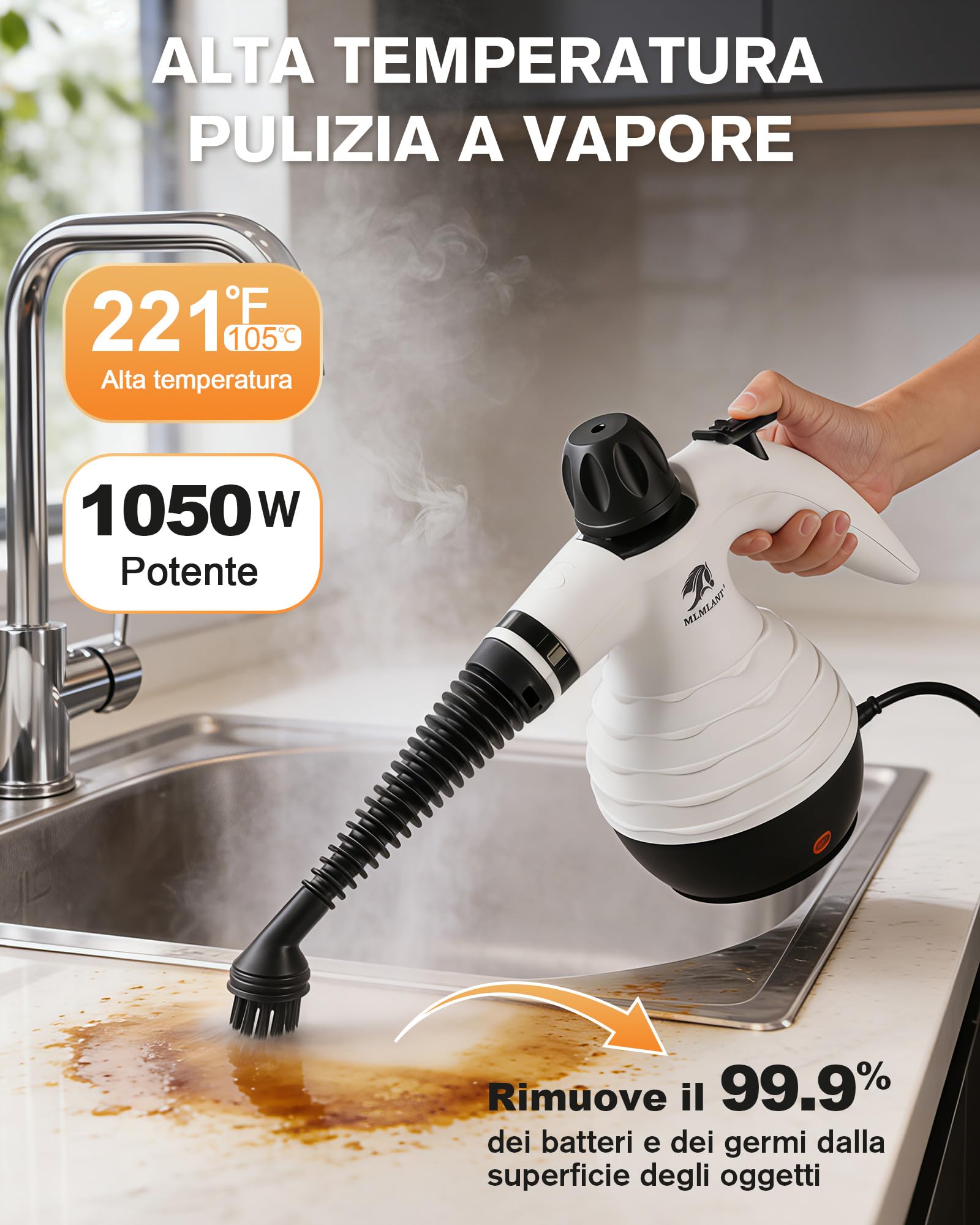 MLMLANT Pulitore a vapore portatile multifunzione con blocco di sicurezza e kit accessori da 10 pezzi, ideale per tappeti, divani, mobili imbottiti, materassi, sedili auto e altro ancora