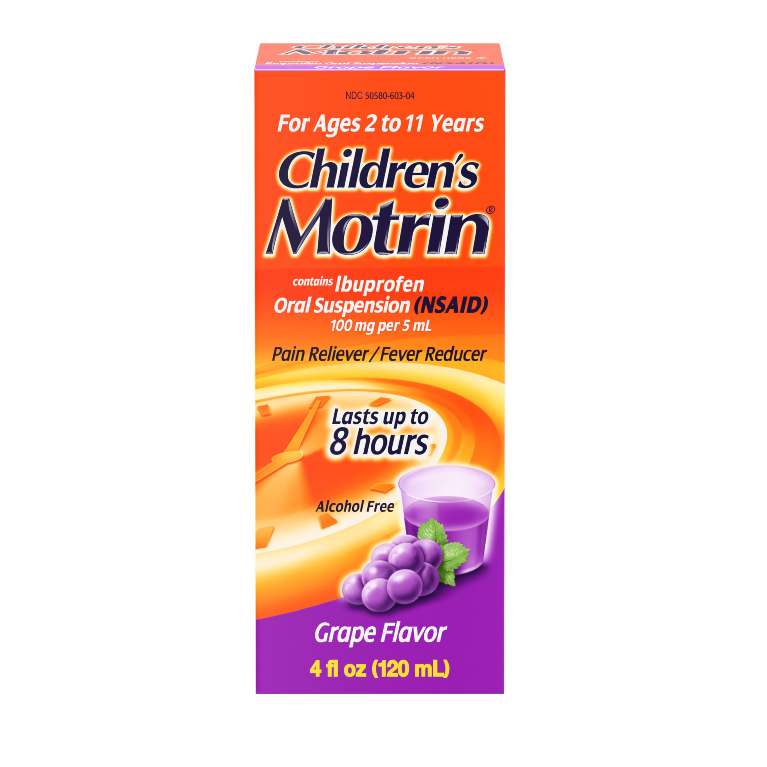 Children's Motrin Oral Suspension Medicine, Children's Liquid Ibuprofen Pain Reliever & Fever Reducer for Kids Minor Aches & Pains, 100mg per 5mL, Alcohol-Free, Grape Flavor, 4 fl. oz