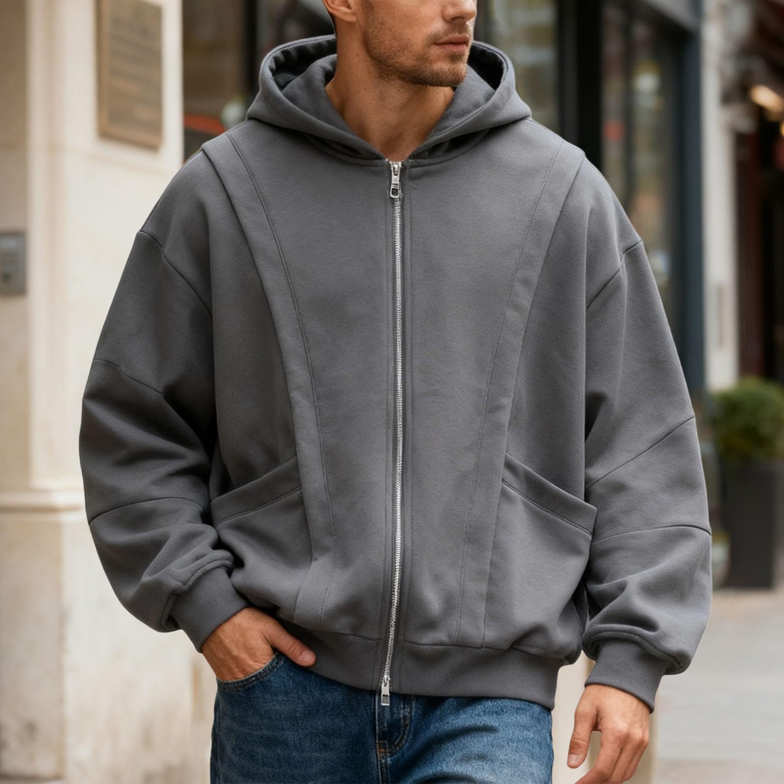Felpa da uomo pesante con cappuccio e cerniera, foderata in pile, per abbigliamento invernale | Fodera in pile pesante con zip completa, pratiche tasche e resistente strato invernale per attività all'aperto