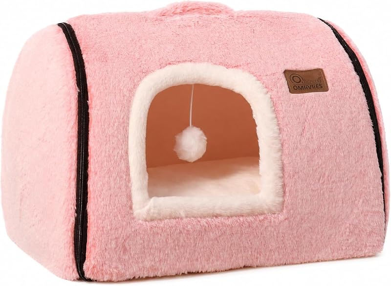 Casa-cama tipo toca para gatos OMLIVLIES com almofada removível e lavável, brinquedo pendente, Rosa, 17,78 x 38,1 x 35,56 cm