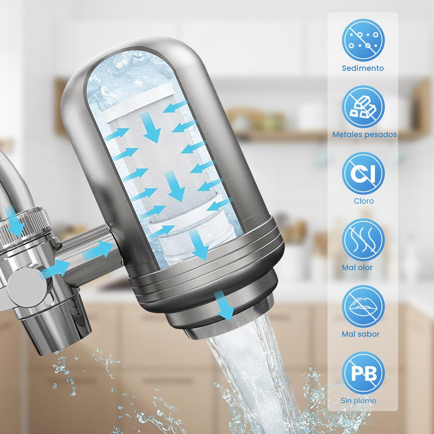 Vortopt Filtro de Agua para Grifo de Acero Inoxidable - Purificador de Agua para Grifo - Filtro Agua Grifo para Cocina, Bañera, Reduce el Plomo, el Cloro y el Mal Sabor, T2 (2 Filtros)