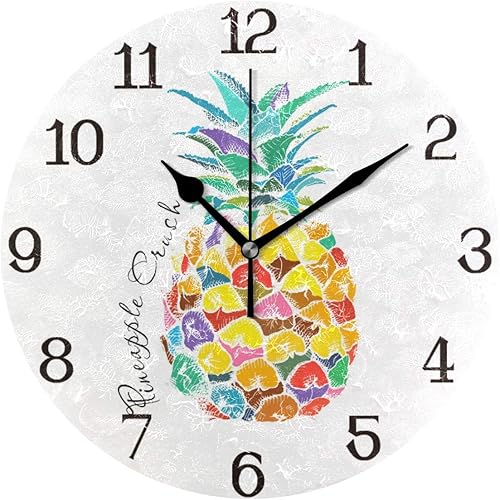 susiyo Reloj de pared de piña colorida de 9.8 pulgadas, silencioso y redondo, funciona con pilas, sin tictac, creativo reloj decorativo para niños,