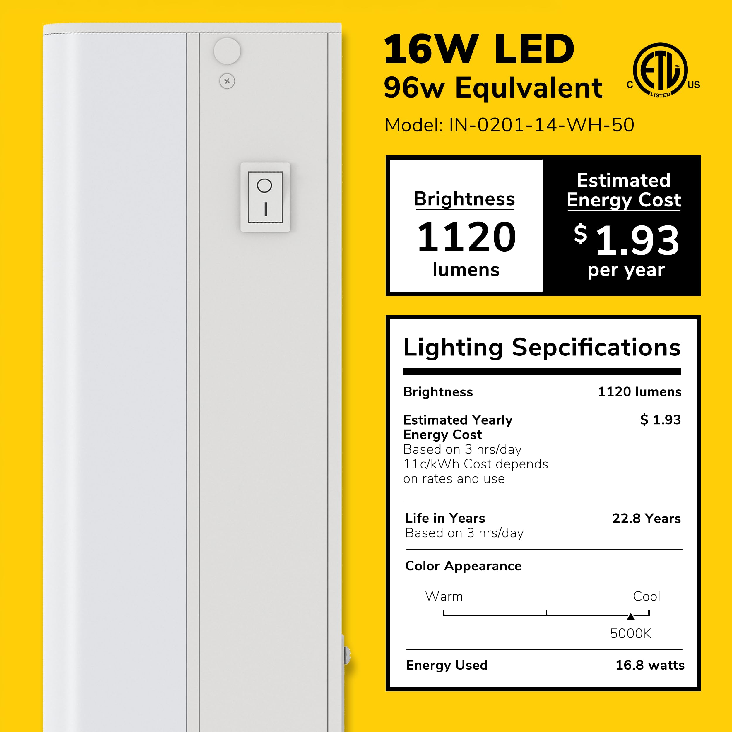 GETINLIGHT 30-inch Hardwired Only LED Under Cabinet Lighting, Daylight White(5000k), Dimmable, Matte White Finished, ETL Listed, IN-0201-14-WH-50