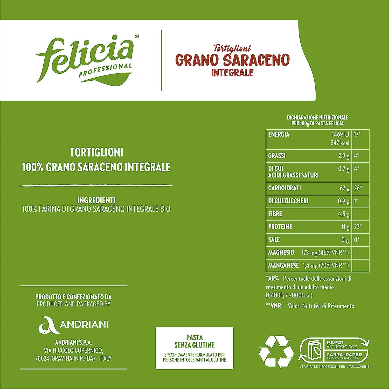 14 x Felicia Tortiglioni di Grano Saraceno Integrale,Pasta con trigo sarraceno 100% orgánico, orgánico y natural, sin gluten, paquete de 340 g + lata italiana gourmet Polpa di Pomodoro de 400 g