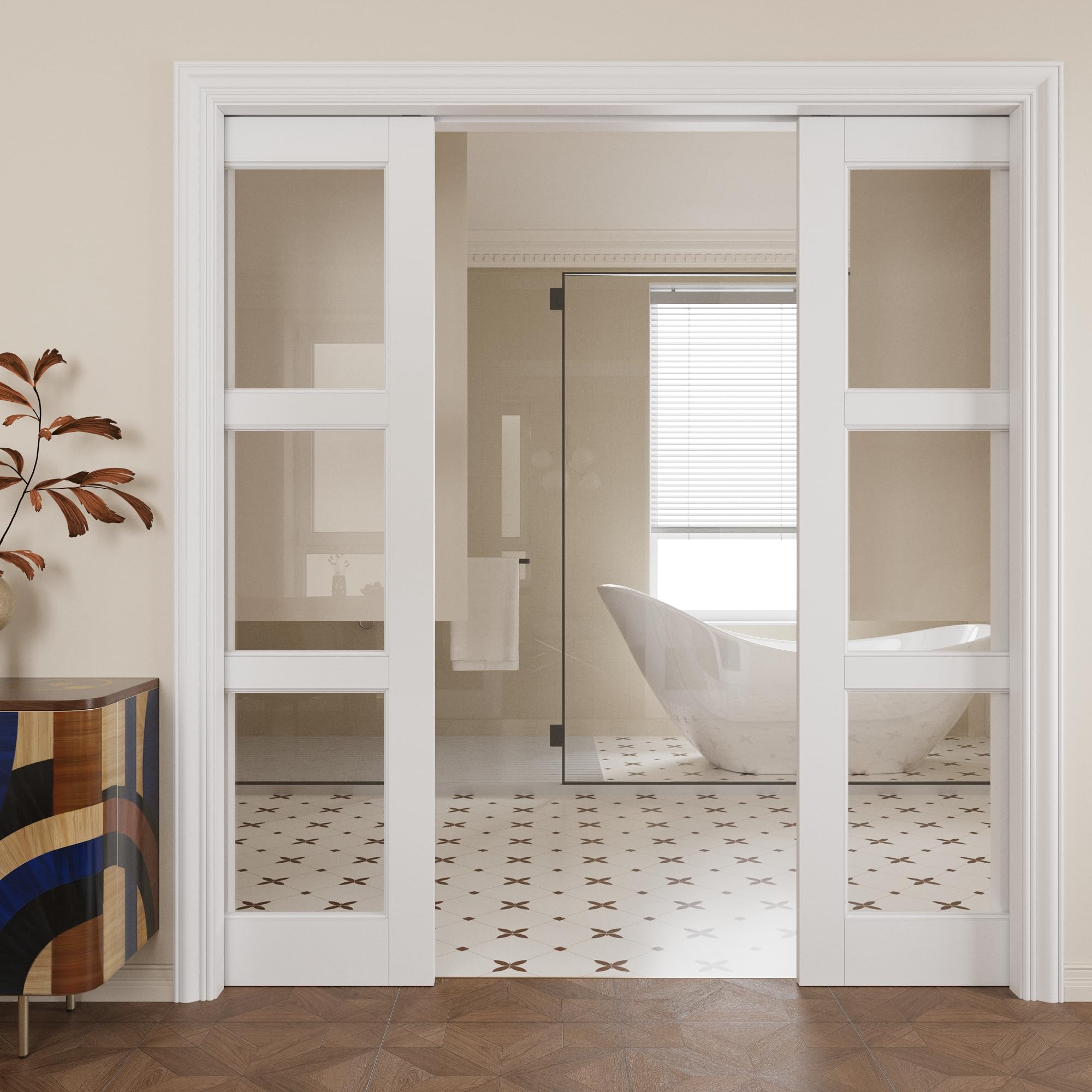 Pocket Door,3-Lite Clear Glass Doors,French 64x80 Sliding Door