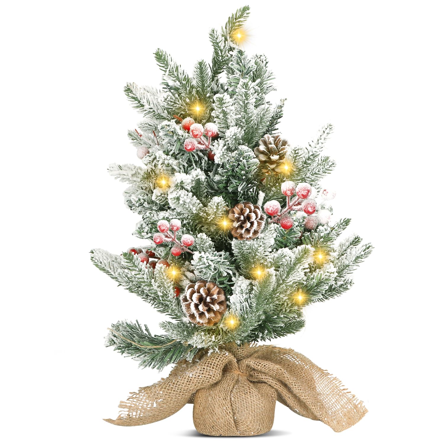 Aigostar Árbol de Navidad con Luces Incorporadas 50cm， 2 Unidad， Árbol de Navidad Pequeño Decorado con Piñas， Nieve Artificial y Frutos Rojos， Ideal para Dormitorio， Salón o Habitación Infantil