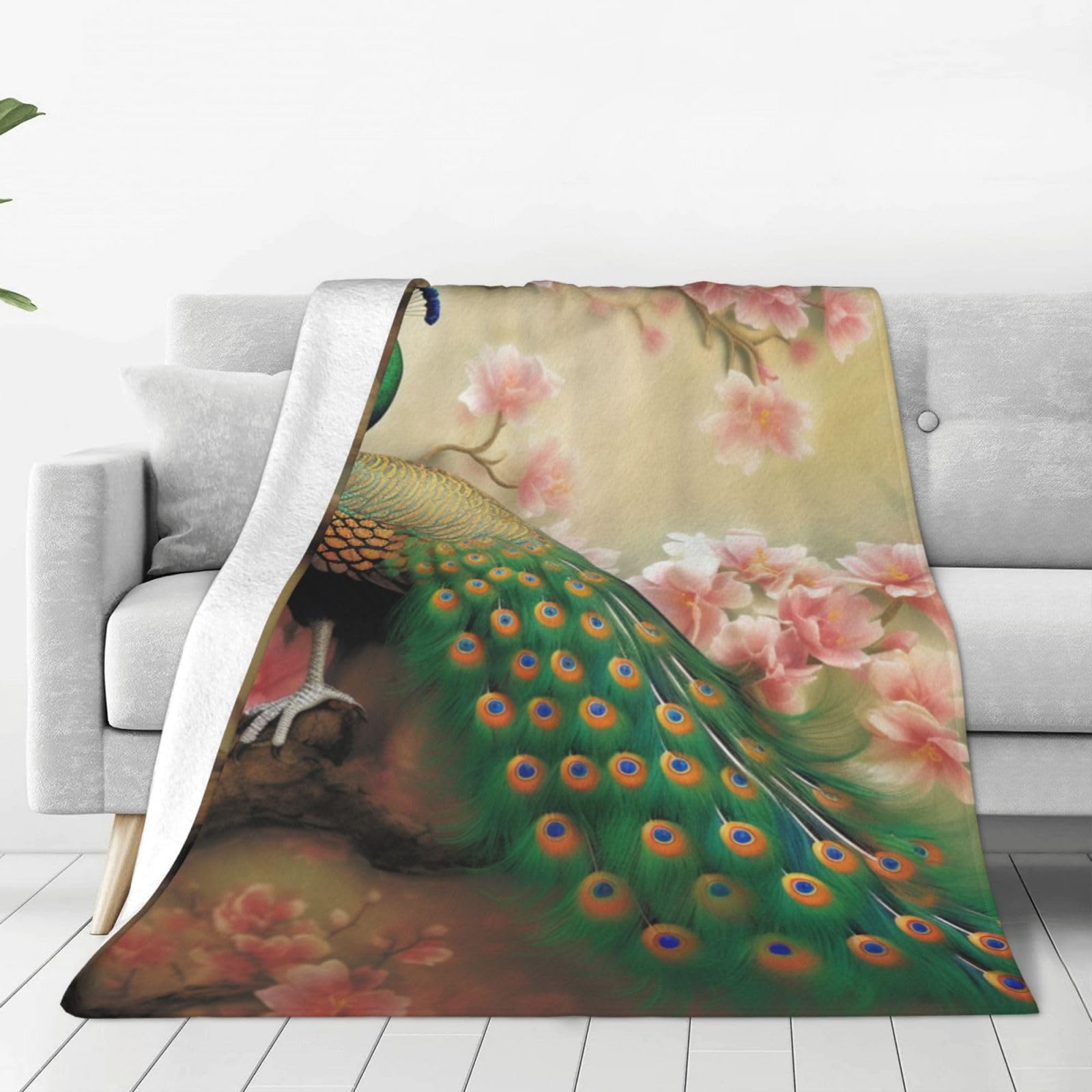 Couverture flanelle pour salon et chambre, motif paon floral exotique