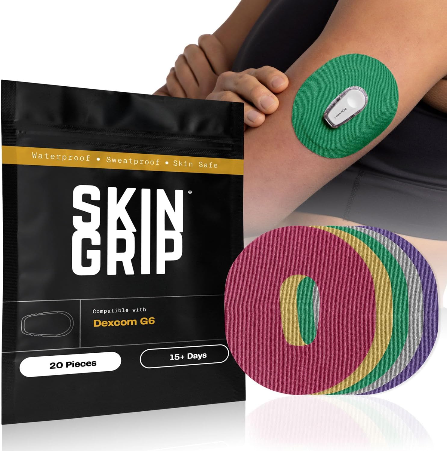 Skin Grip Adhesive Patches Compatible with Dexcom G6, Firm Hold, 20 Pack