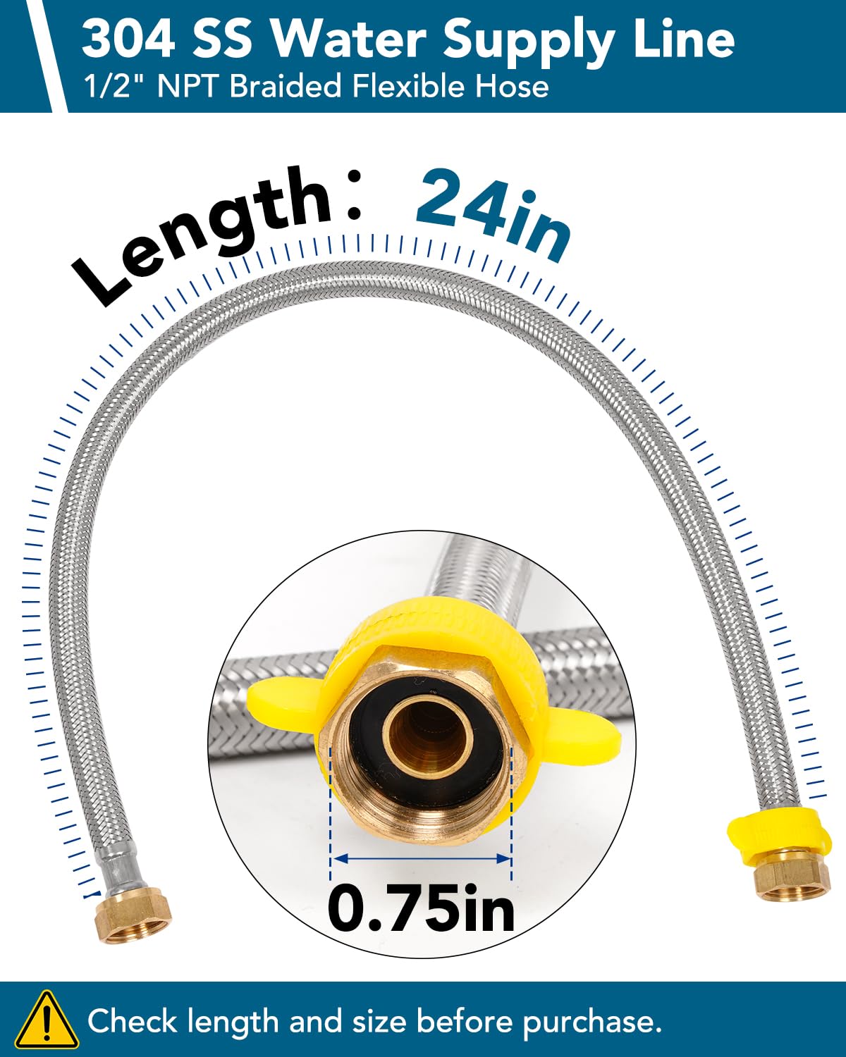 [Paquete de 10] Línea de suministro de grifo FIP de 24 pulgadas, 1/2 pulgada Comp x 1/2 pulgada, manguera de agua trenzada de acero inoxidable, conector flexible para fregadero de baño y cocina