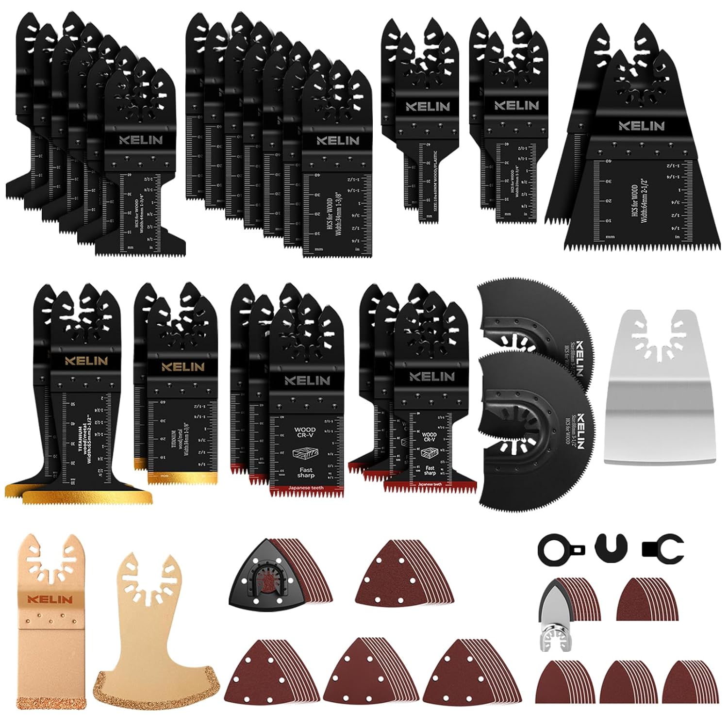 KELIN 120 PCS Multitool Blade Kits Cutting and Sandpaper Oscillating Tool Accessories Universal Oscillating Saw Blades, 11 Types Blades Compatible with Dewalt Bosch Dremel Milwaukee