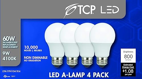Miniatura 4 de TCP LED equivalente a 60 vatios A19  Paquete de 4  Blanco frío (4100 K) resistente a las roturas  800 lúmenes  10,000 horas  Bombillas no regulables