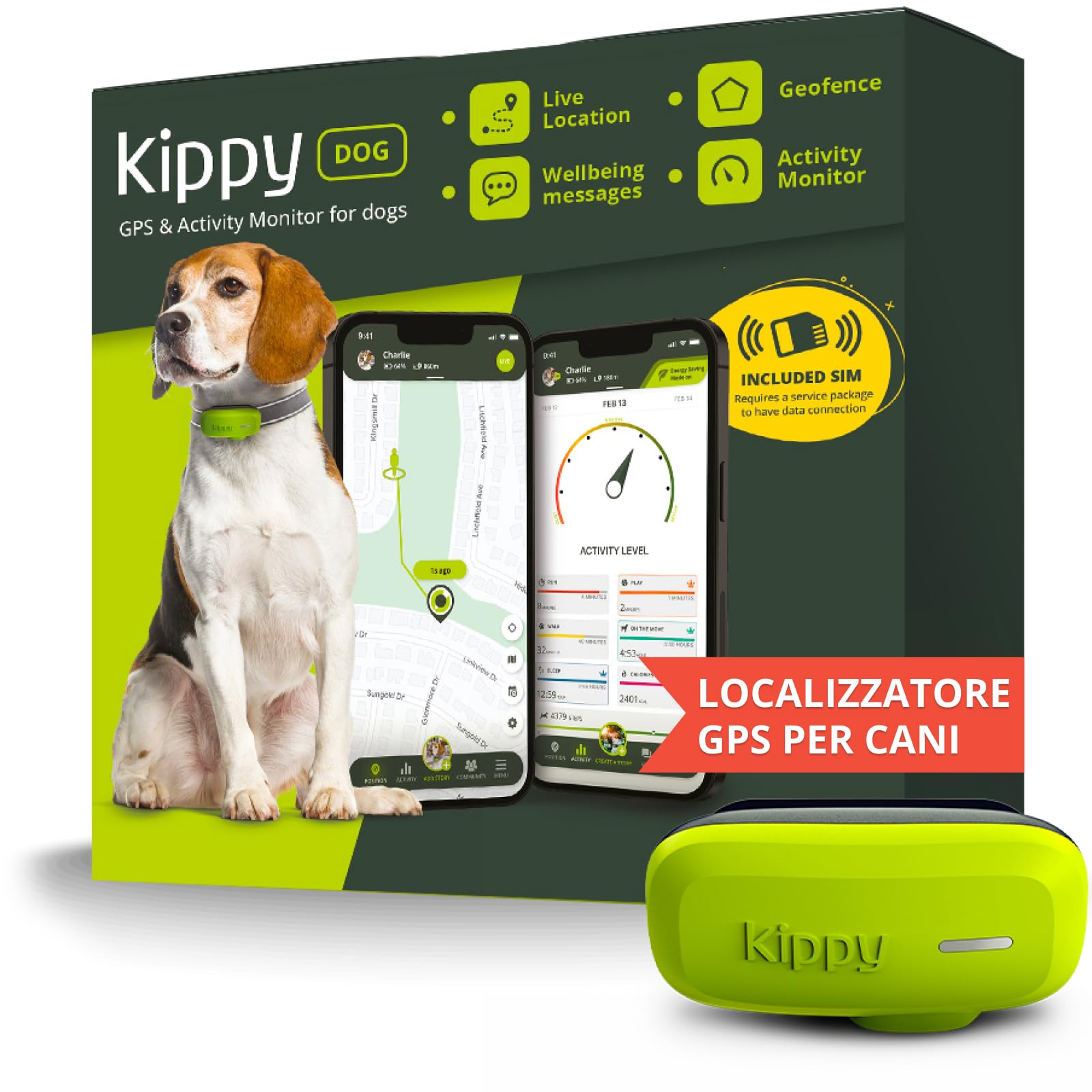 Kippy DOG | GPS per Cani - Localizzatore per Cani Impermeabile con GPS per Collare - Tracker di Attività e Salute del Tuo Cane, con Recinto Virtuale e Notifiche - Colore Verde