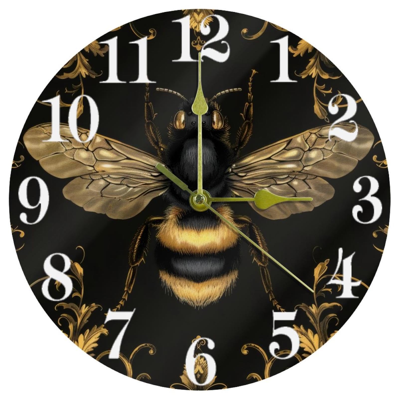 Horloge murale à quartz silencieuse Bee ronde dorée à piles pour la maison