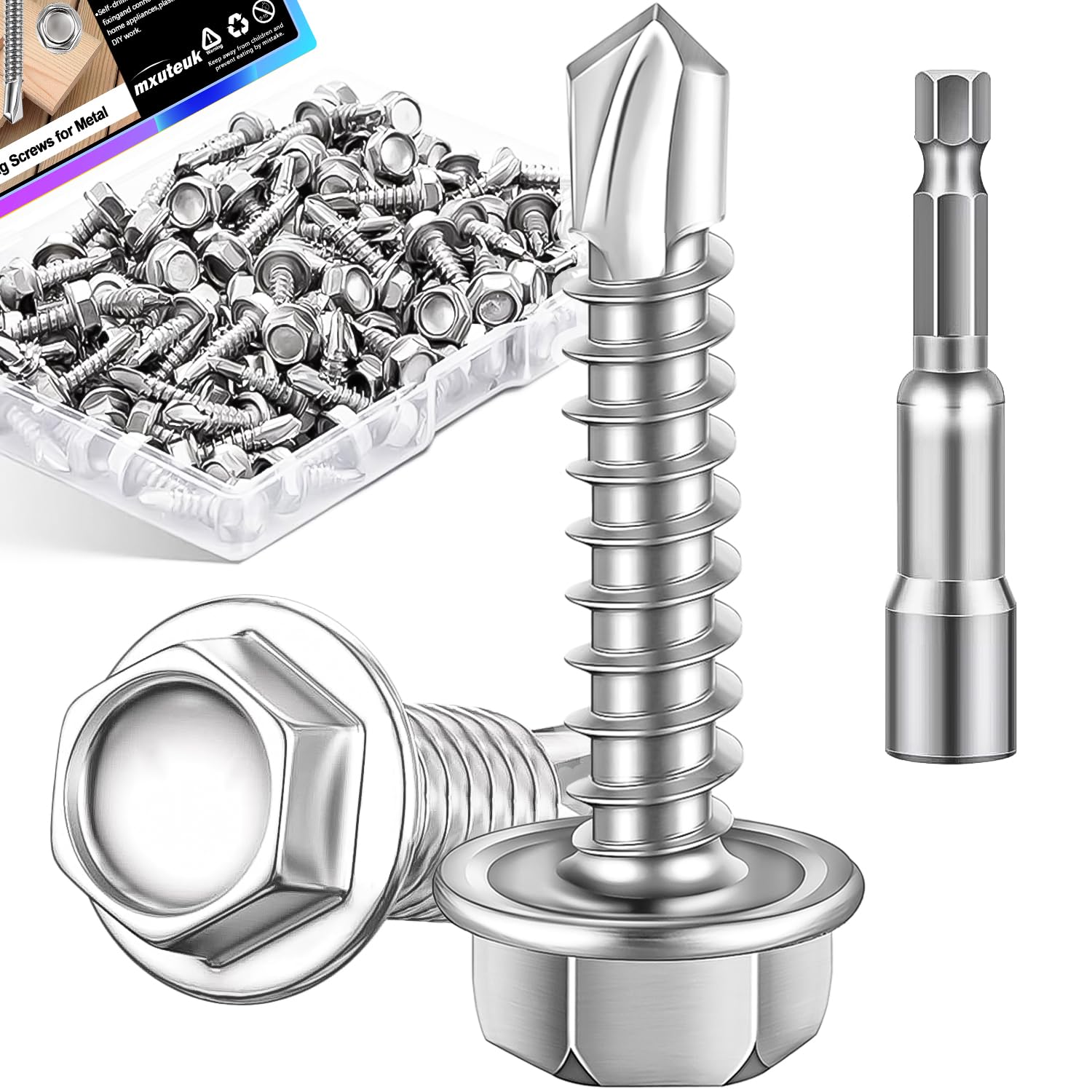 mxuteuk #8×1" Self Tapping Screws,410 Stainless Steel Self Tapping Screws for Metal,Self Drilling Screws,Hex Washer Head Sheet Metal Screws Suitable