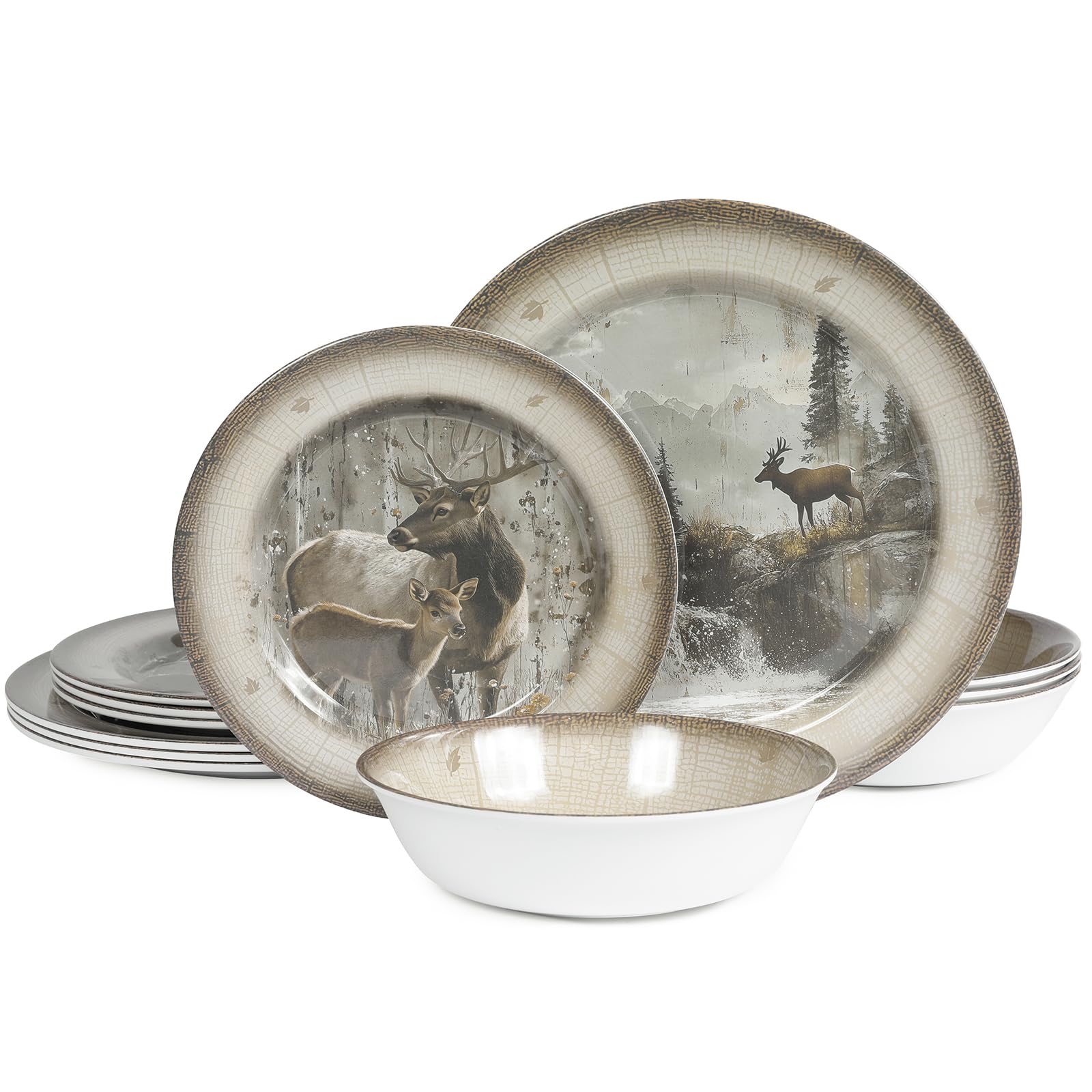 Melamin-Geschirr-Set für 4 Personen, Speiseteller, Schüsseln, 12-teilig, langlebig, BPA-frei, spülmaschinenfest, bruchsicher, splitterfest, für drinnen und draußen, Hirsch