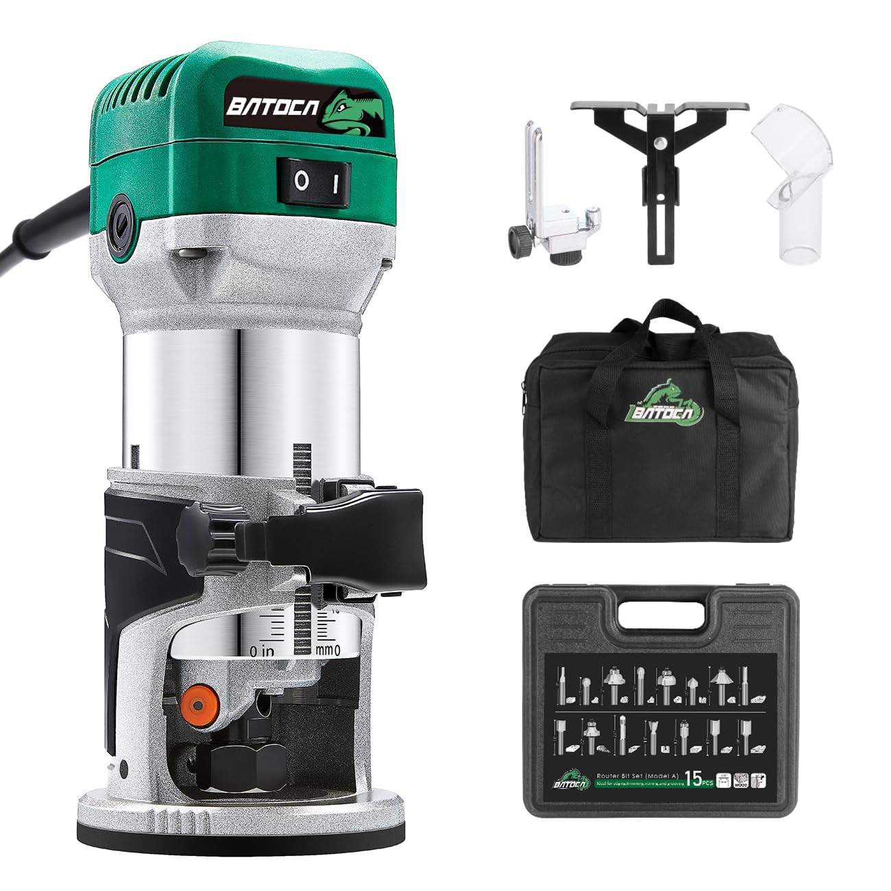 BATOCA 710W Wood Router Tool,Trimmer for Woodworking,6 Variable Speeds 10000-30000RPM,Compact Electric Hand Palm Router with 15pcs Trim Router Bits for DIY Woodworking,Carving,Slotting