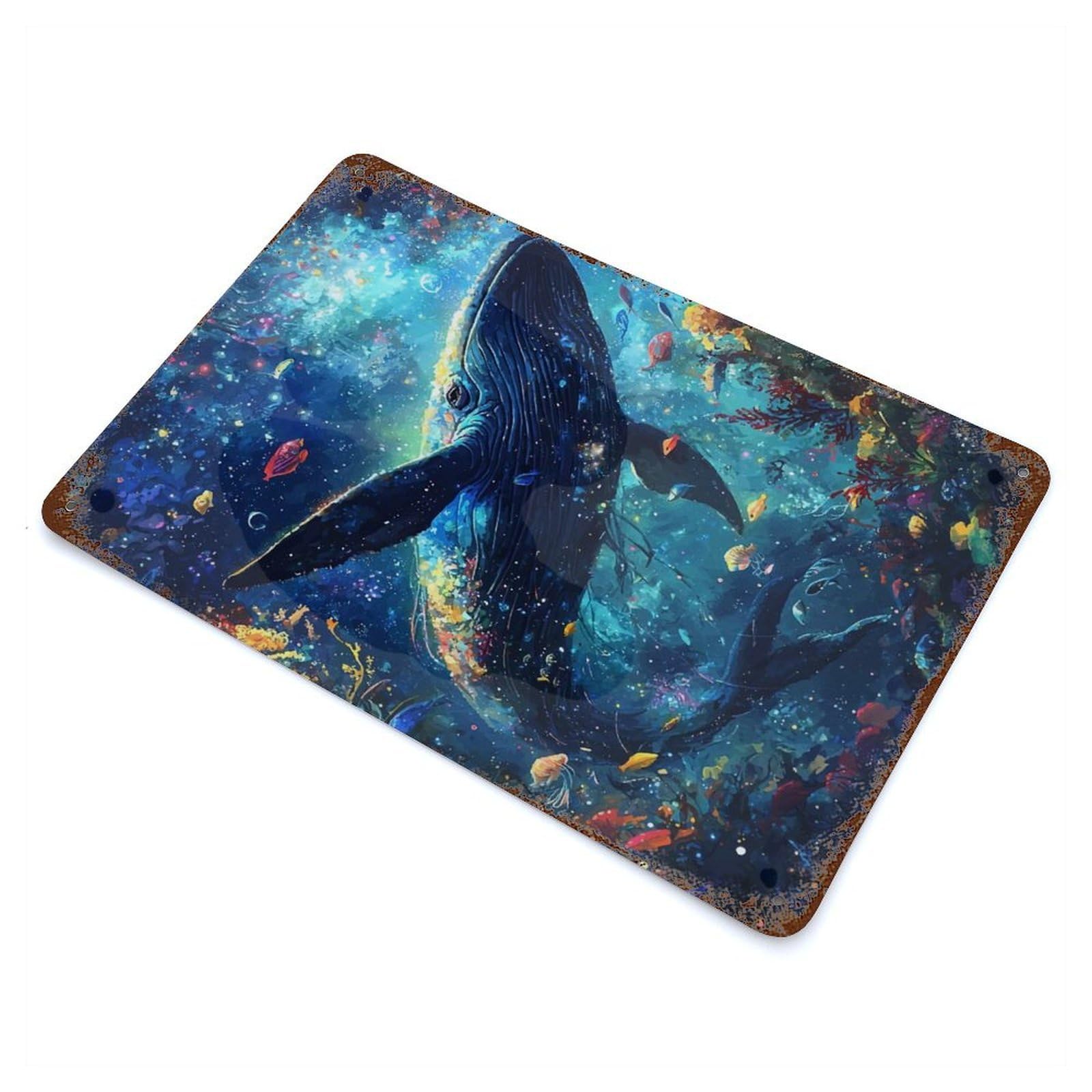 Garage Style Whale in A Starry Sea Decorative Tin Sign 11.8"x7.9", Industrial Home Decor for Bar And Workshop