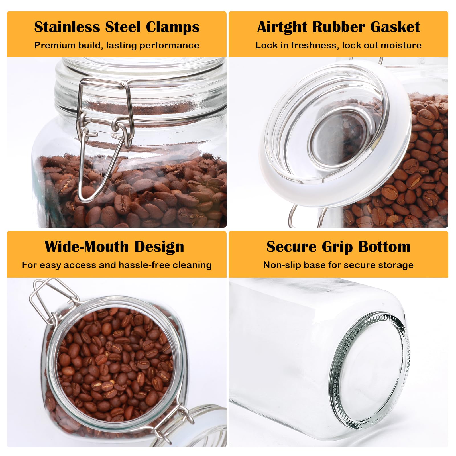 Flrolove Vorratsdosen aus Glas mit luftdichtem Deckel, Vorratsdosen mit Deckel, quadratisch, groß, luftdicht, perfekt für die Küche, Müsli, Nudeln, Mehl, Kaffeebohnen, 2,2 l, 3 Stück