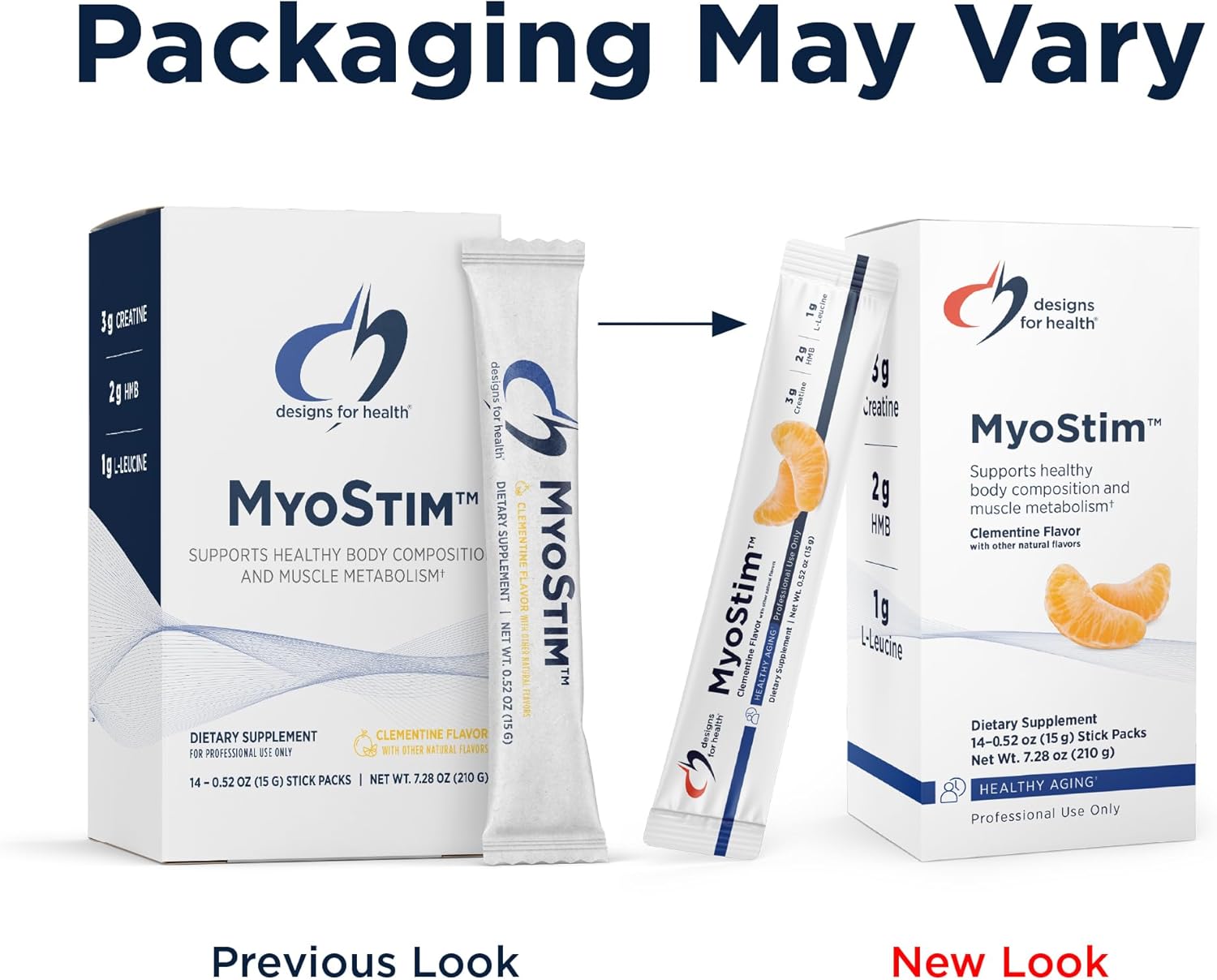 Designs for Health MyoStim - HMB + Collagen Peptides Powder with L-Leucine + Creatine to Support Healthy Aging - May Help Attenuate Age-Related Muscle Loss - Clementine-Flavored Drink (14 Stick Packs)