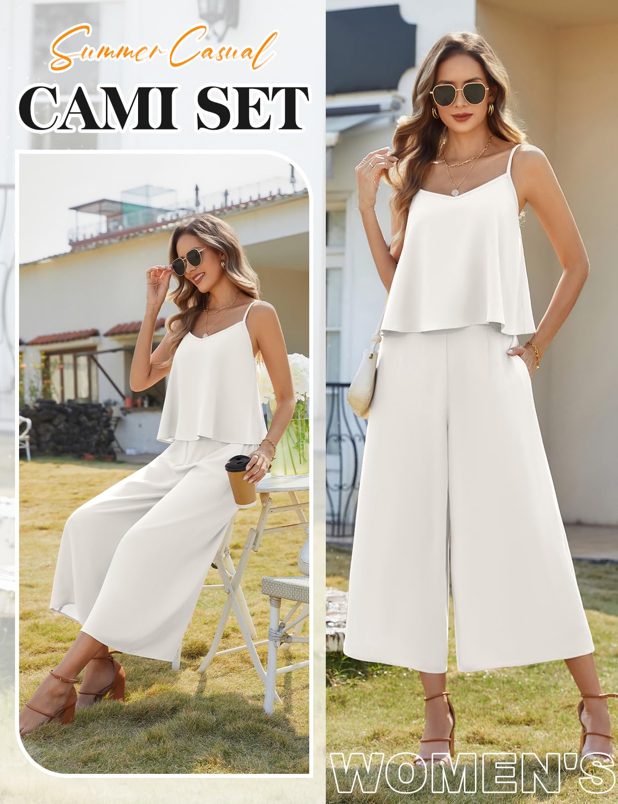 Set di 2 pezzi, da donna, estivo, elegante, fluente, con tasche, per il tempo libero, 2 pezzi