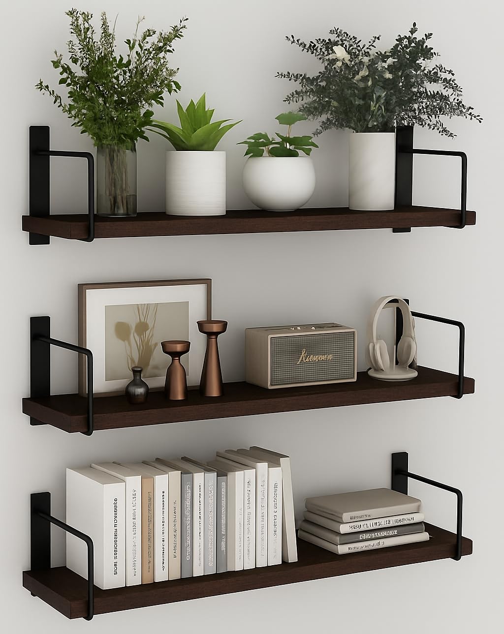 FireBees Wooden Wall Shelf for Books | Wall Mounted Bookshelf for Living Room & Bedroom | Floating Wall Bookshelf | Book Shelf Wooden Wall Mounted | Decorative Wall Shelf Rack (Brown 20X6X6 Set of 3)