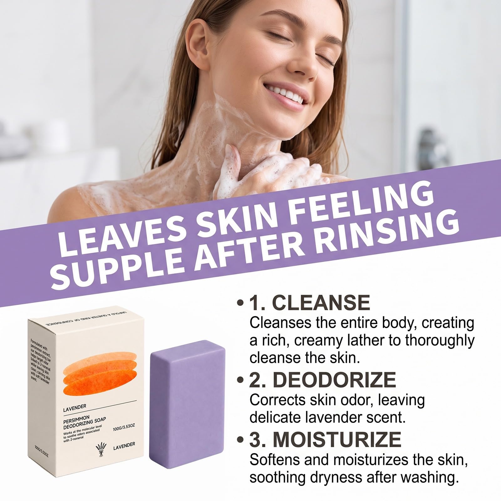 Barra di Sapone Deodorante al Cachi alla Lavanda, Sapone da Bagno Idratante Ricco Schiumogeno, Detergente all'Estratto di Kaki, Compressa di Lavaggio Kaki, Suds Deodoranti con Lavanda (9PCS)