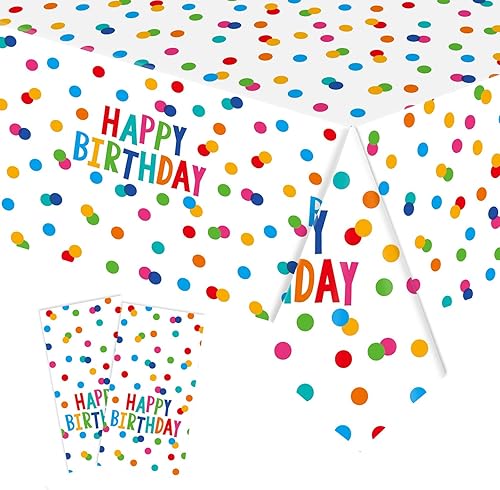 Paquete de 2 manteles de plástico de 54 x 108 pulgadas, decoración de fiesta de cumpleaños, mantel desechable de colores con lunares de arco iris