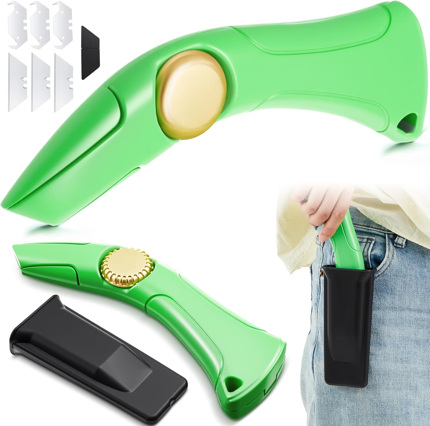 WILLBOND 4 Pack Heavy Duty Fixed Roofing Knife with Hook and Blade, Navajas Para Carpet Roofing Knives and Drywall Tools with Holster Belt Clip Utility Vinyl Carpet Shingle Cutter (Light Green)