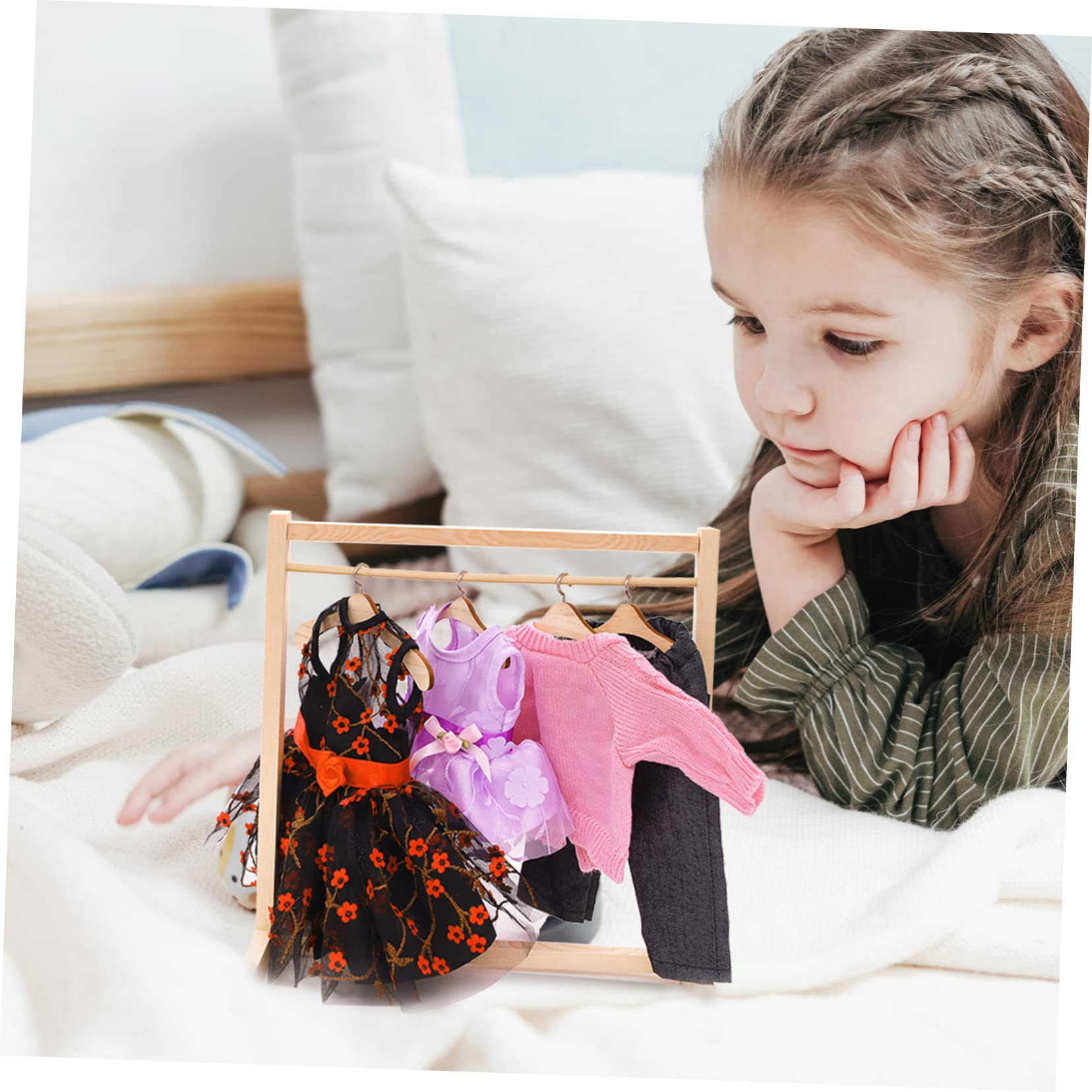 KOMBIUDA Hangers for Doll Clothes 20cm Double Layer Wooden Dress Rack Doll Clothes Hanger Holder Stand Boys and Girls' Dress Storage Rack Mini Adornment for Toys Decor