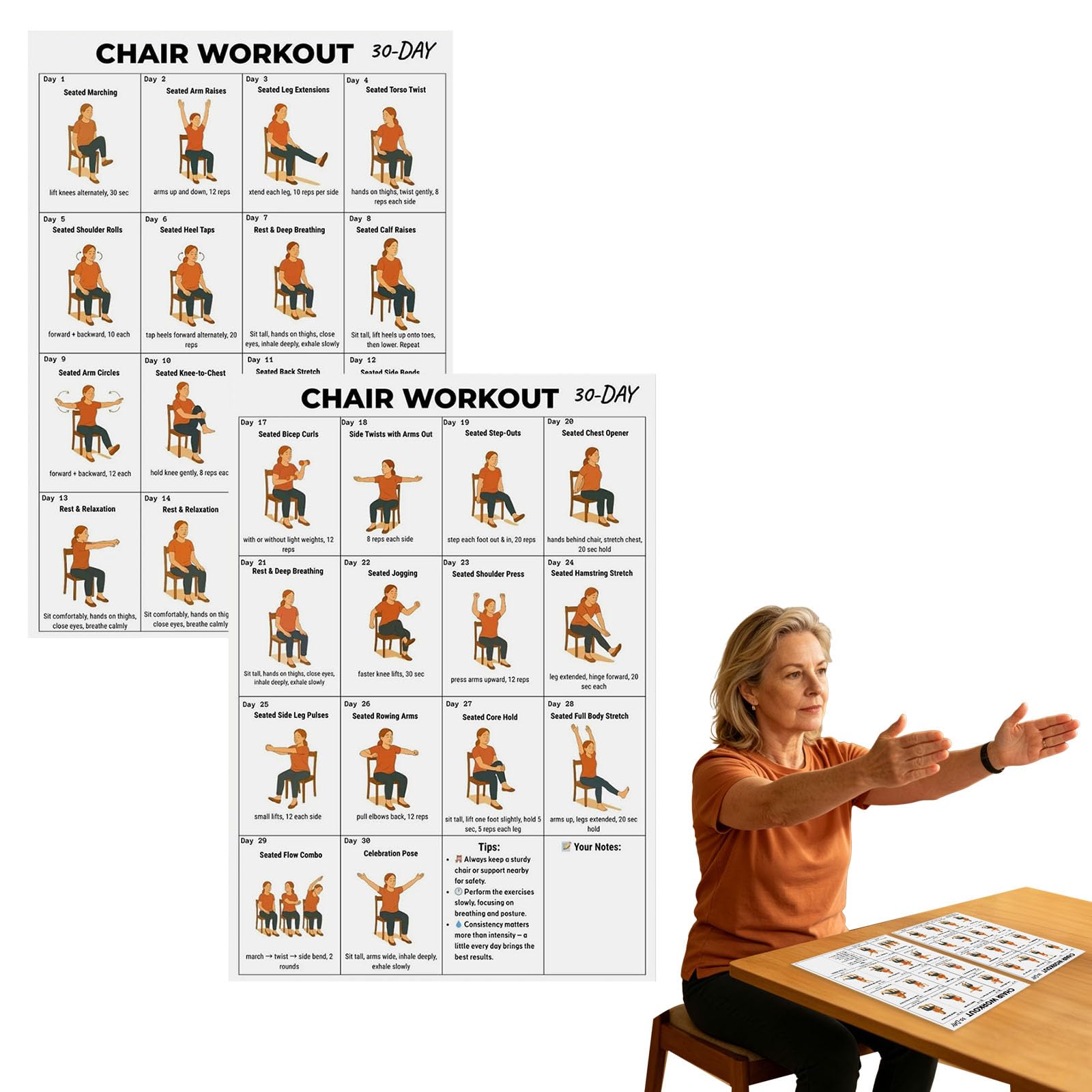 2 Pcs Tai Chi Chair Workout Wall Chart for Seniors,Printable Daily Partner Exercise Poster Exercises Beginners,30-Day Seated Tai Chi Routine,Easy Fitness Guide for Mobility Flexibility Movement，A