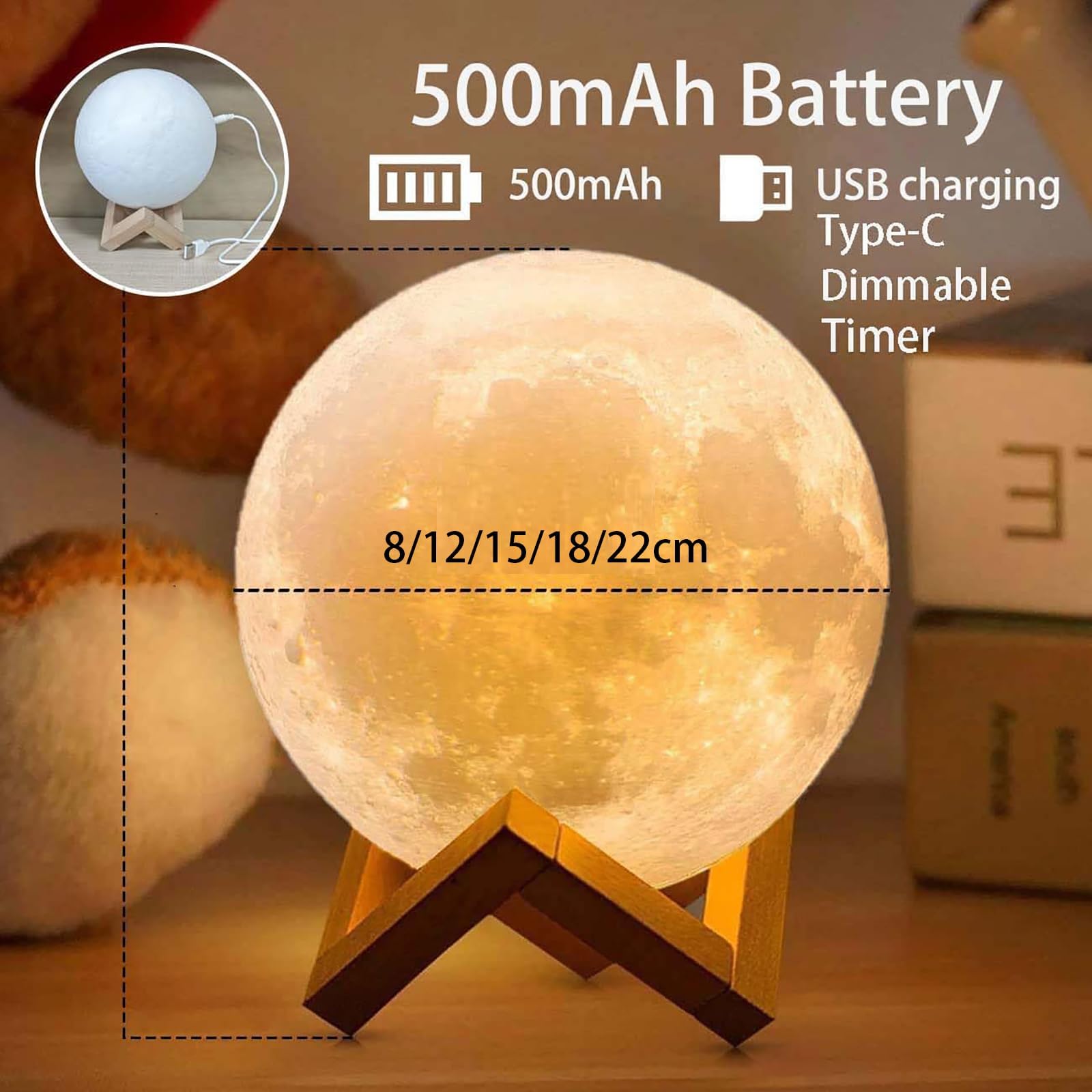 Lámpara de luna, luz nocturna de impresión 3D con temporizador, soporte de madera y control táctil remoto, ideal para niños y decoración del hogar, 12 cm