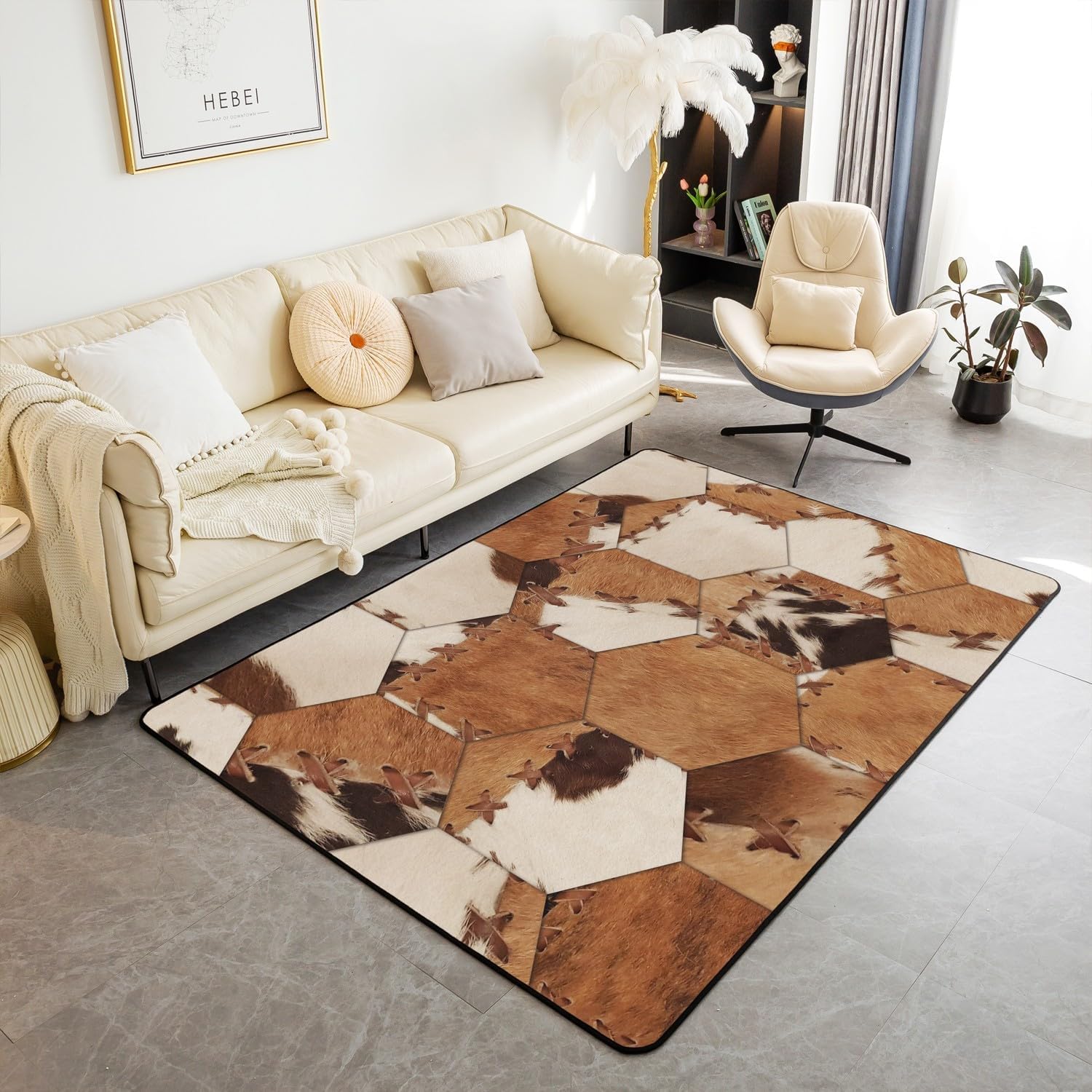 Tapis de couloir grand moderne antidérapant et tapis de salon poils ras impression peau de vache 3D