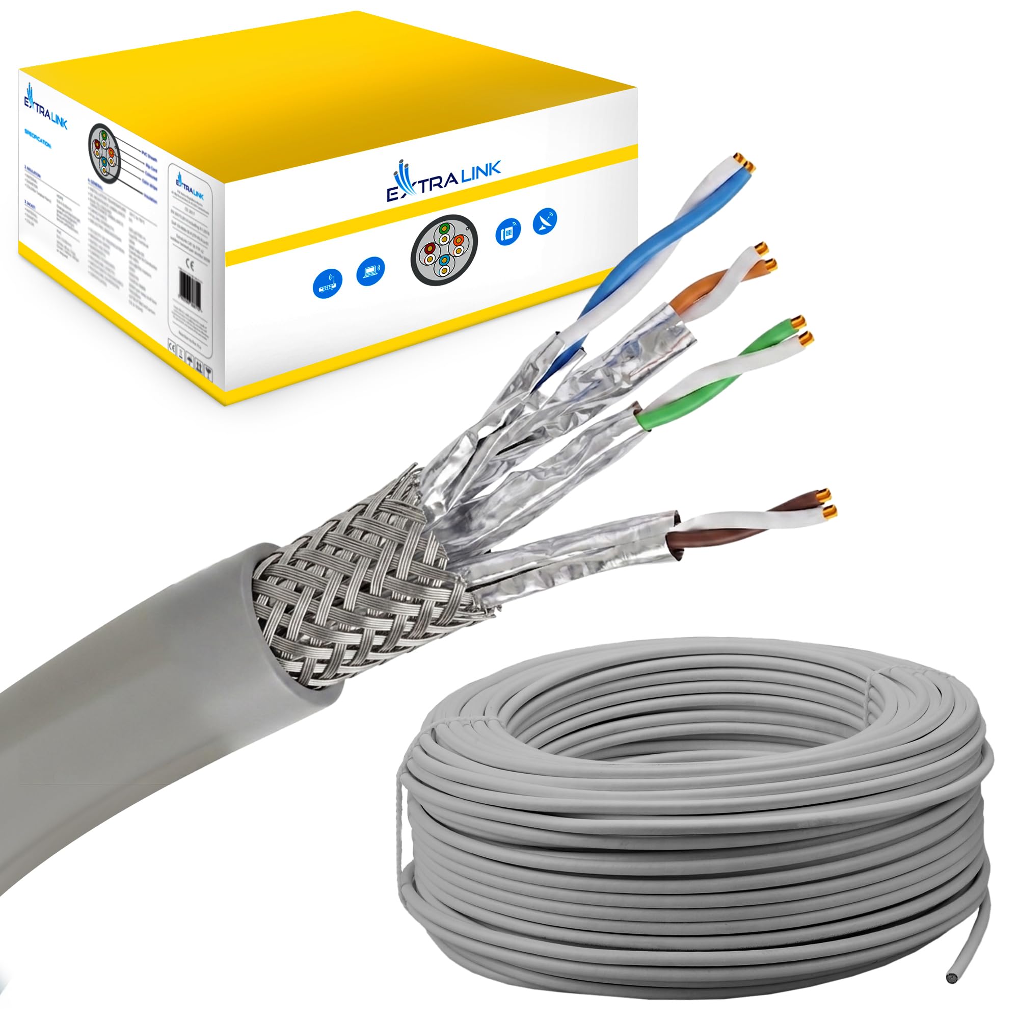 EXTRALINK CAT7 Verlegekabel 25m S/FTP Kupfer 10 Gbit 600 MHz PoE++ LAN | CAT7 Verlegekabel 25m Indoor: S/FTP doppelt geschirmt, reines Kupfer 24 AWG, 10 Gbit/s bei 600 MHz, PoE++ für LAN und CCTV
