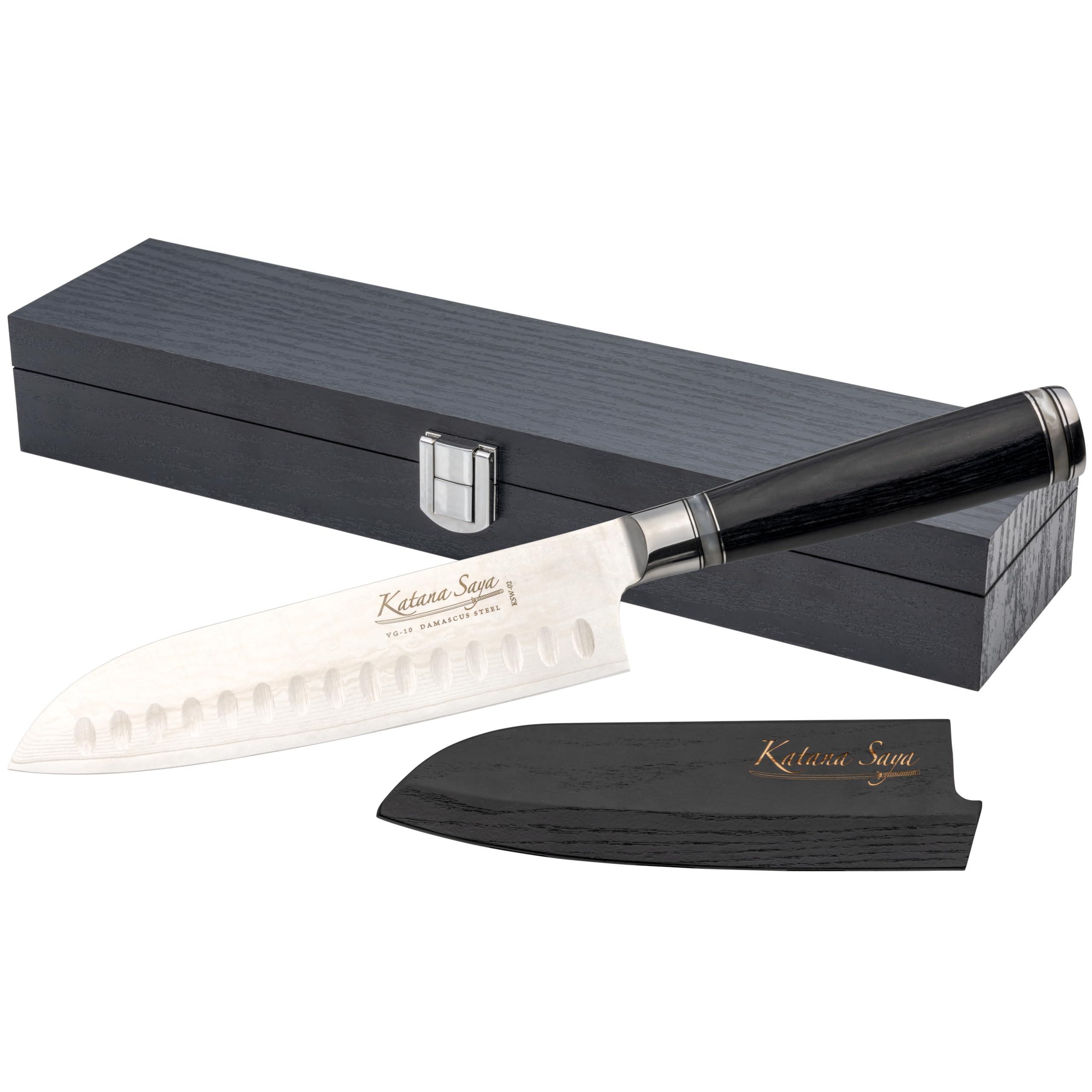 Katana Saya Black Pakkawood 18Cm Blade Santoku Knife, Japanese 67-Layer Vg-10 Damascus Stainless Steel, Pakkawood Handle, Kitchen Knife
