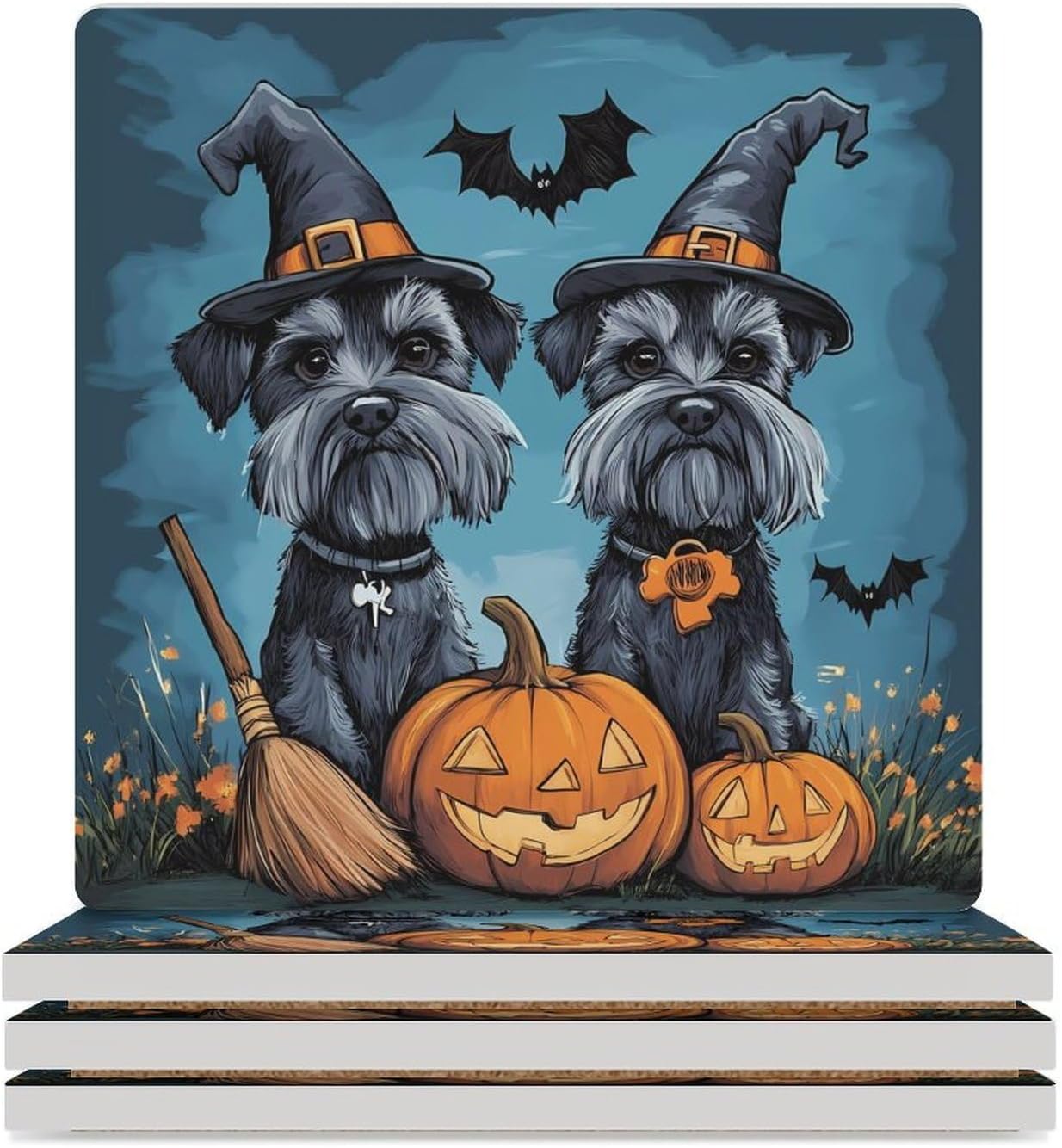 Halloween Schnauzer Cute Pumpkin Bat Spider Coasters for Drinks Square Ceramic Coasters Cup Mats with Cork Base