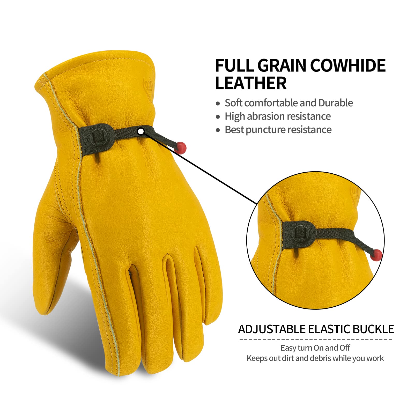 Gants de travail en cuir pour homme et femme, gants de jardinage, gants de travail en cuir de vache renforcé durable, résistants aux perforations et aux coupures (taille L, doré avec boucle)