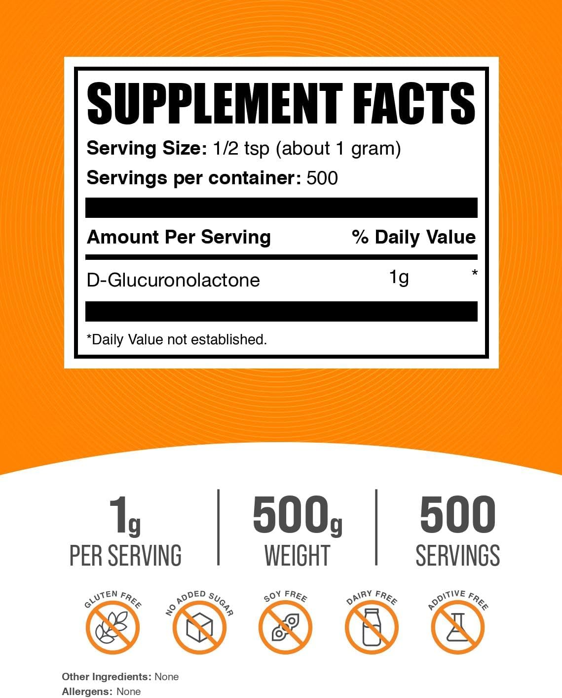 BulkSupplements.com Glucuronolactone Powder - as D-Glucuronolactone, for Energy Support - Unflavored & Gluten Free, 1g per Serving, 500g (1.1 lbs) (Pack of 1)