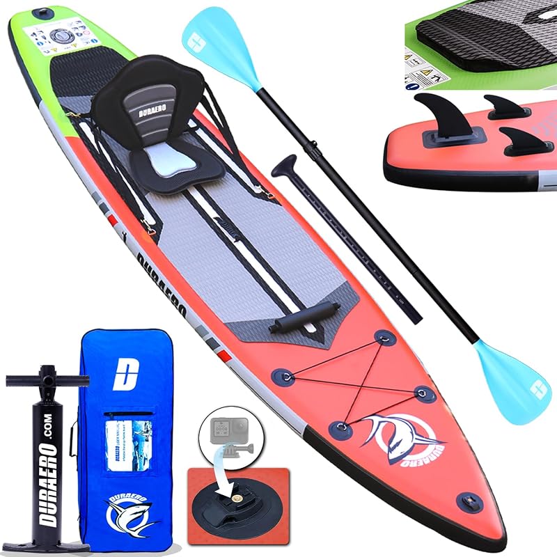 Inflatable Stand Up Paddle Board, Kayak Seat, 330 x 76 x 15 cm, Load up to 150 kg, Cam Stand, Built-in 3 Fin Paddle, Dual Adjustable Paddle, Complete Accessories (Red)