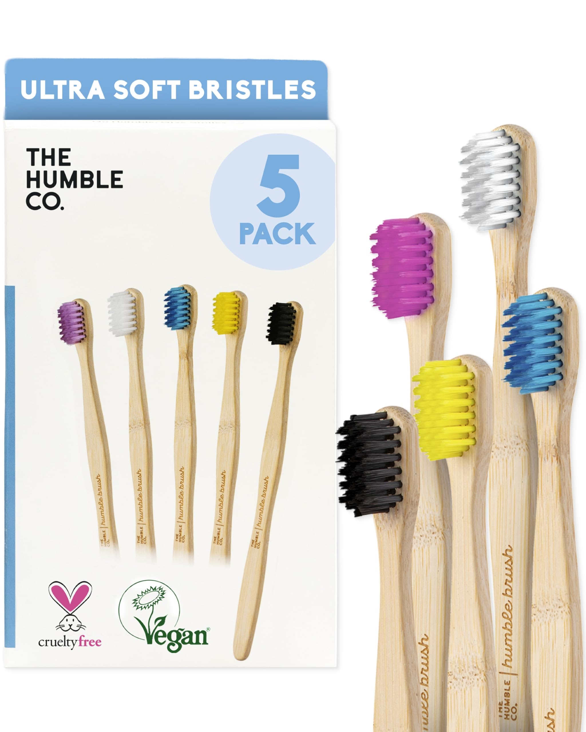 The Humble Co Bamboo Toothbrushes, 5 Pack - Ultra Soft Bristles Natural Bamboo Toothbrush - BPA Free Soft Bristles for Sensitive Gums - Non-Toxic & Plastic Free Handle - Dental Oral Care & Hygiene