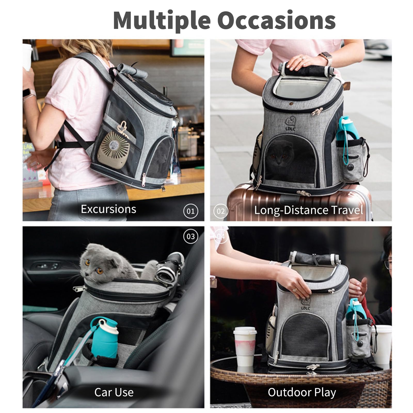PETCUTE Zaino per Cani Traspirante,Borsa Trasportino Gatti con Cinturino di Sicurezza,Zaini Trasporto Cane Portatile con Tasche Laterali,Regolabile Zaino Gatto per Viaggio Campeggio