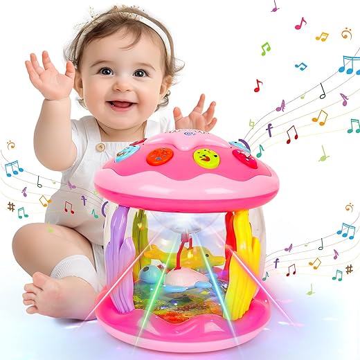 M SANMERSEN Baby Toys 6 to 12 Months - Ocean Projector Light Up Musical for 12-18 Crawling Learning Tummy Time 1 2 3 Year Old Infant Boys Girls Gifts-Pink and Purple