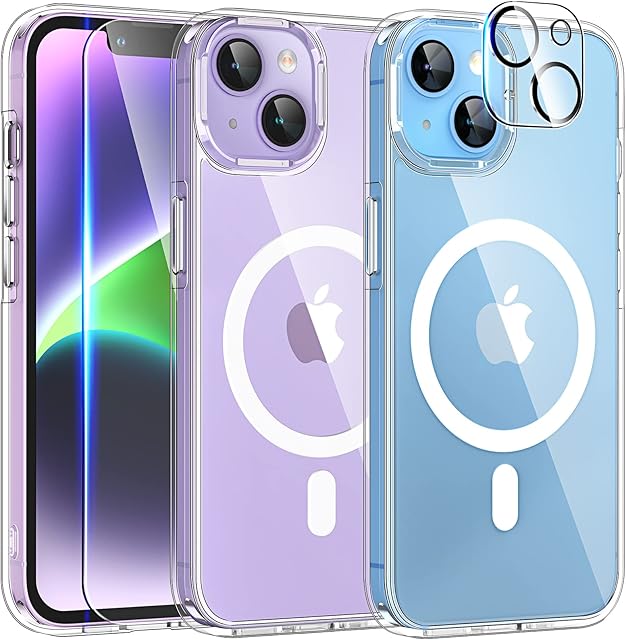 TAURI [5 in 1] Magnetic Case for iPhone 14 Plus [Military Grade Protection], 2 Tempered Screen Protector + 2 Camera Lens Protector, [Compatible with MagSafe] Slim Cover 6.7 Inch - Clear