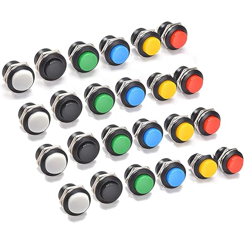 24Pcs 16MM Momentary Push Button on Off Switch Assorted Red Green Yellow Blue White Black,3A 250V AC 2-Pin Self-Resetting Mini Round Switch