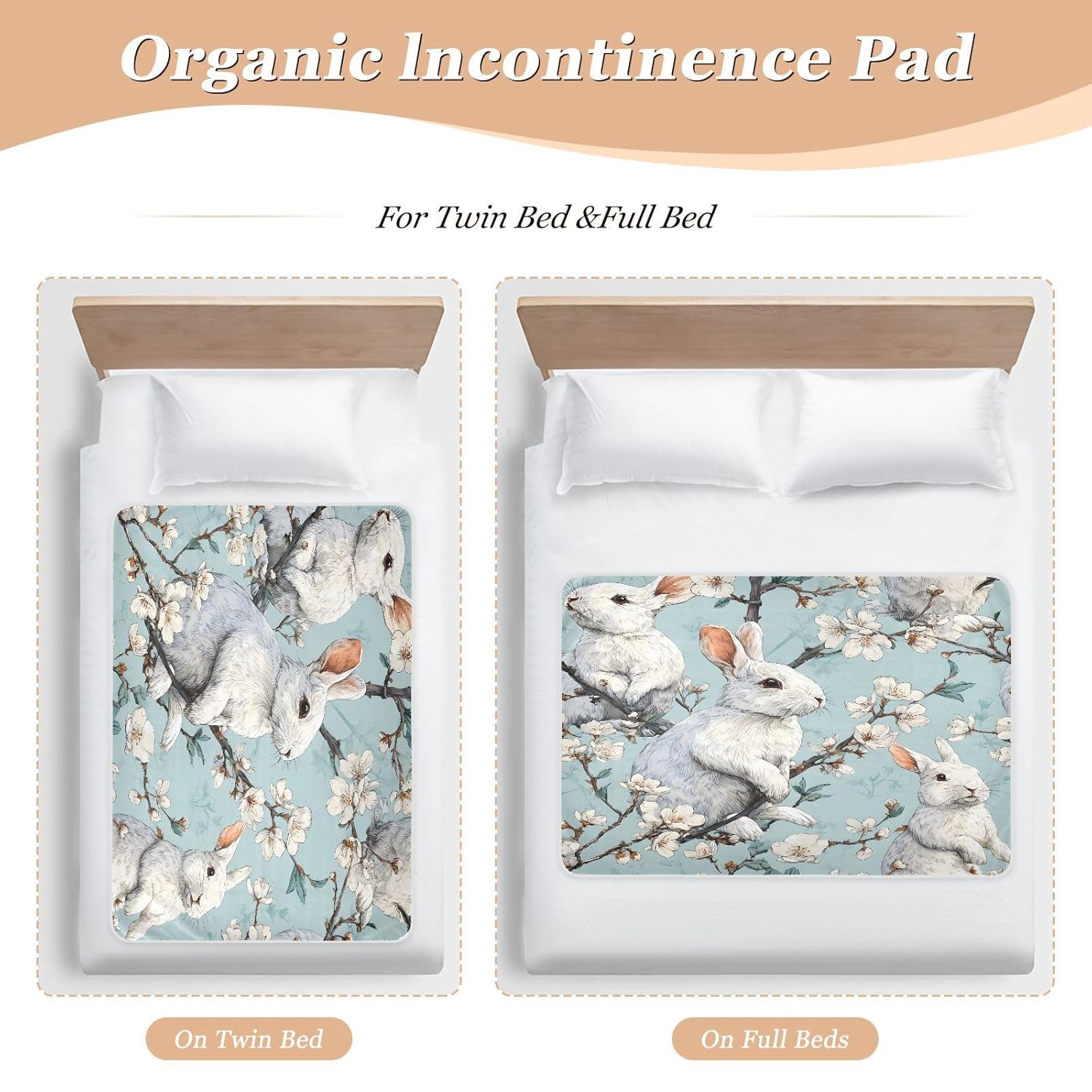 Bunnies on Cherry Blossom Branches Change Mat, Diaper Changing Pads for Baby, 3Layers Waterproof Change Pad Foldable Absorbent Mats for Women, Reusable Incontinence Underpads for Patient 34''x52''