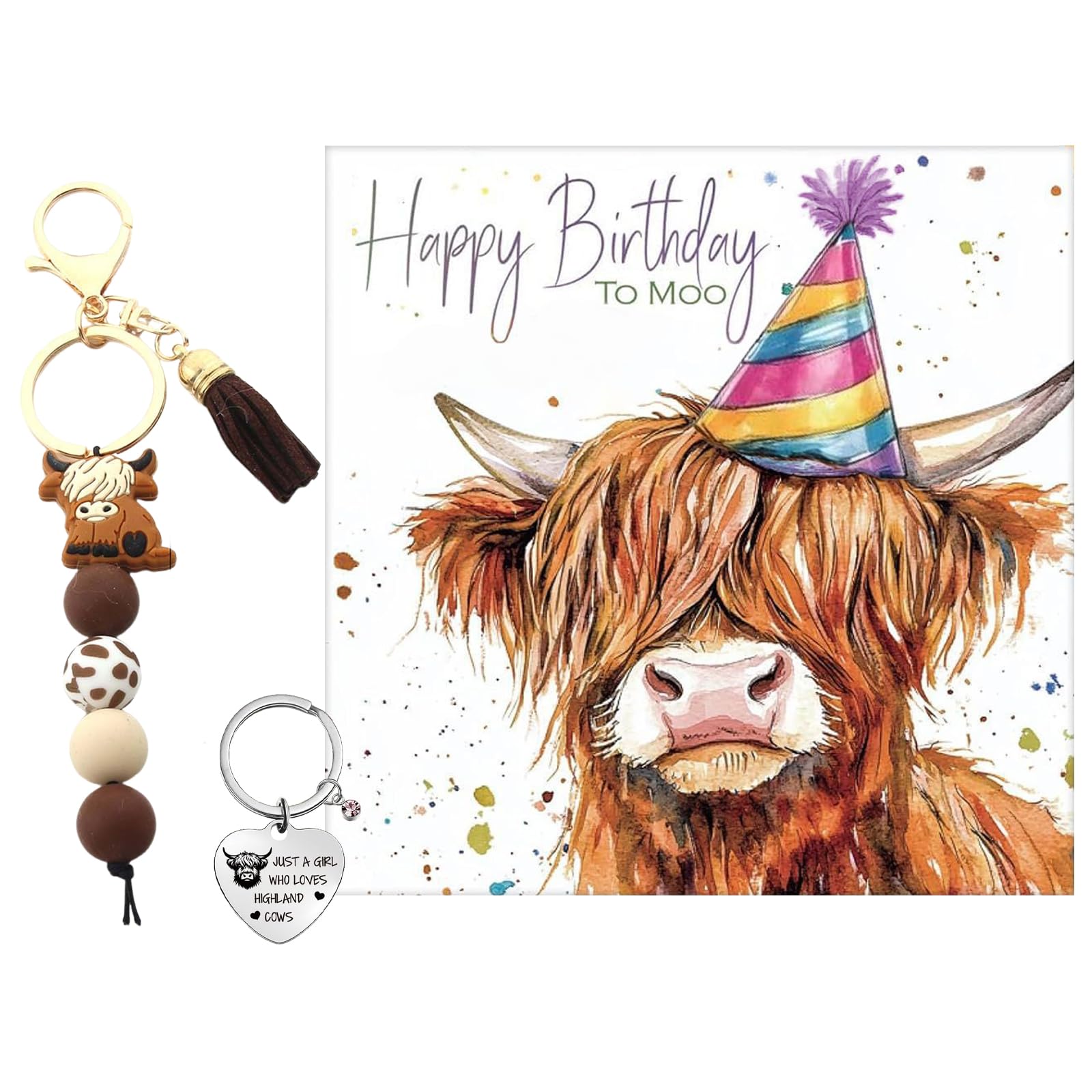 LEBKFT Highland Cow Gift Set, Stainless Steel Keyring and Silicone Bead Keychain with Card Cute Animal Keychain for Women Highland Cow Ornaments for Birthday & Party Favors