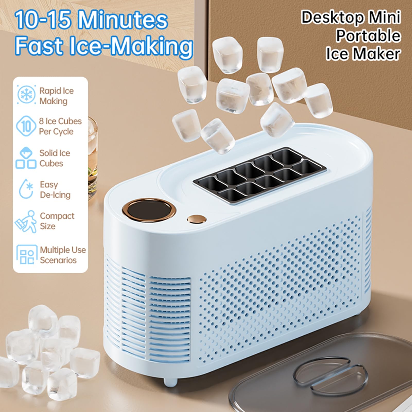banapoy Máquina Hacer Hielo Encimera, 10 Cubitos Hielo en 15 Minutos, Mini Máquina Automática Portátil para Hogar, Camping, Oficina, Bar, Fiesta, Coche, Cócteles, Bebidas (Enchufe de la UE)
