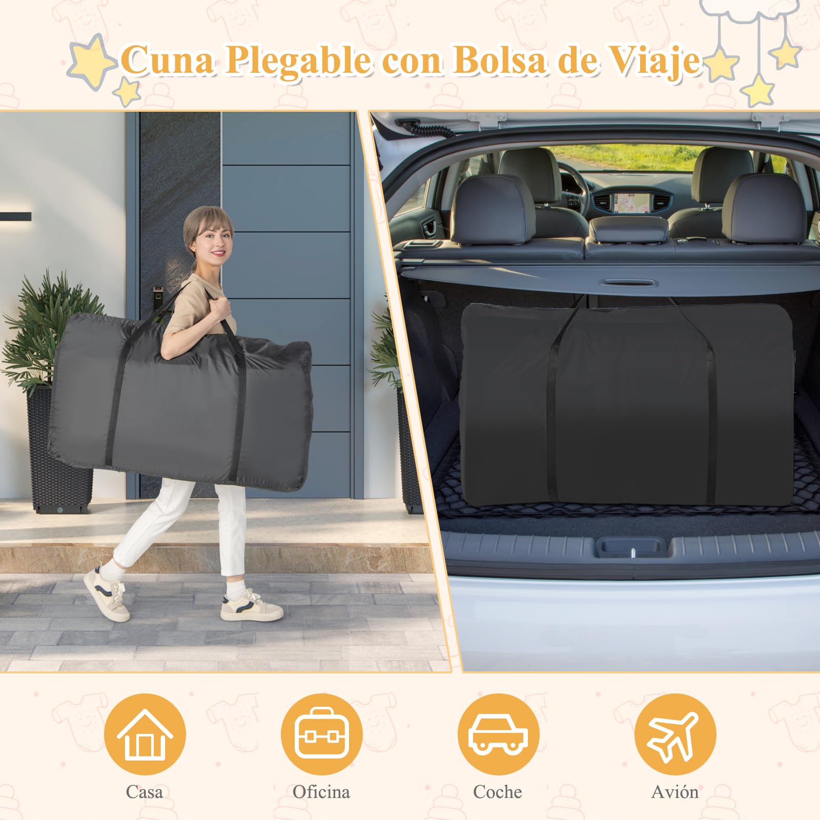 GOPLUS Cuna Cama de Bebé con Inclinación y 7 Alturas Ajustables, Cuna Plegable con Ventana de Malla y Estante de Almacenaje, Ruedas con Freno, 0-6 Meses (Gris Claro)
