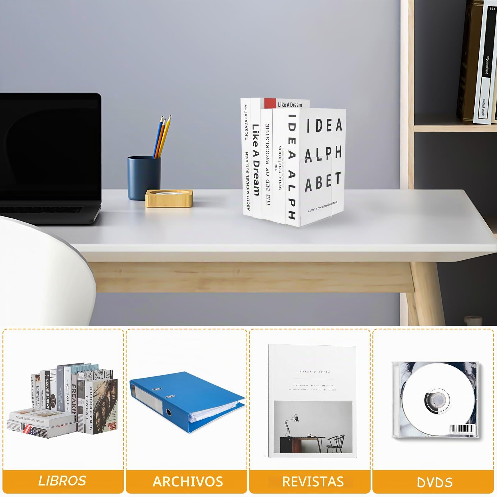 6 Pcs Sujetalibros de Acrílicos, Sujeta Libros Estanteria, Antideslizante Sujetalibros Estanteria Transparentes, Soporte Libros para Biblioteca Escuela Oficina Dormitorio Decoración de Escritorio